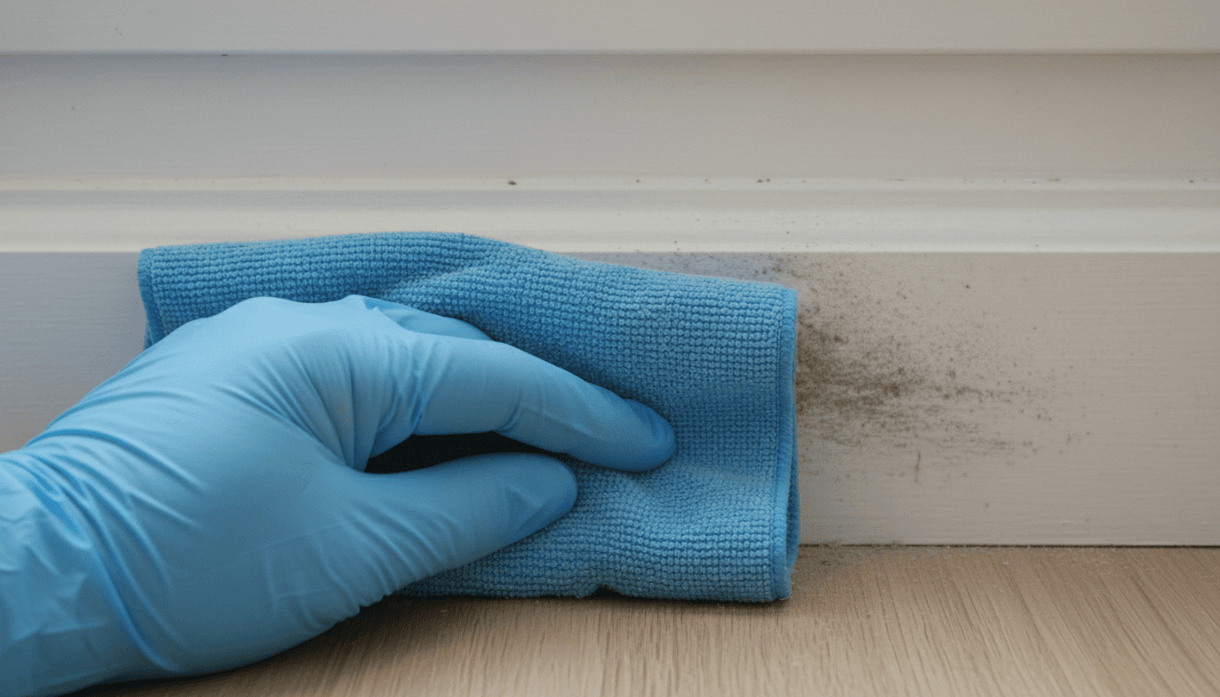 Gloved hand wiping a baseboard with a microfiber cloth