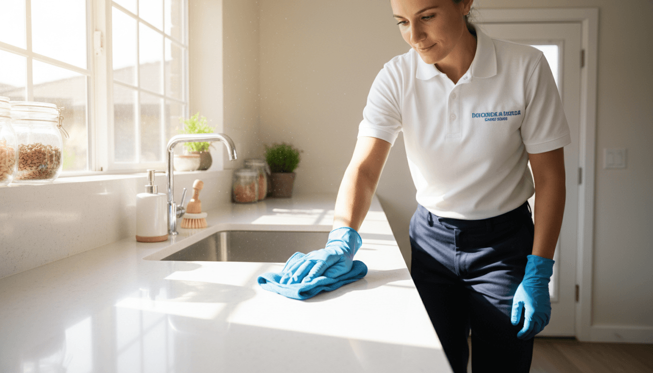 Professional cleaner wiping a kitchen counter in a bright home