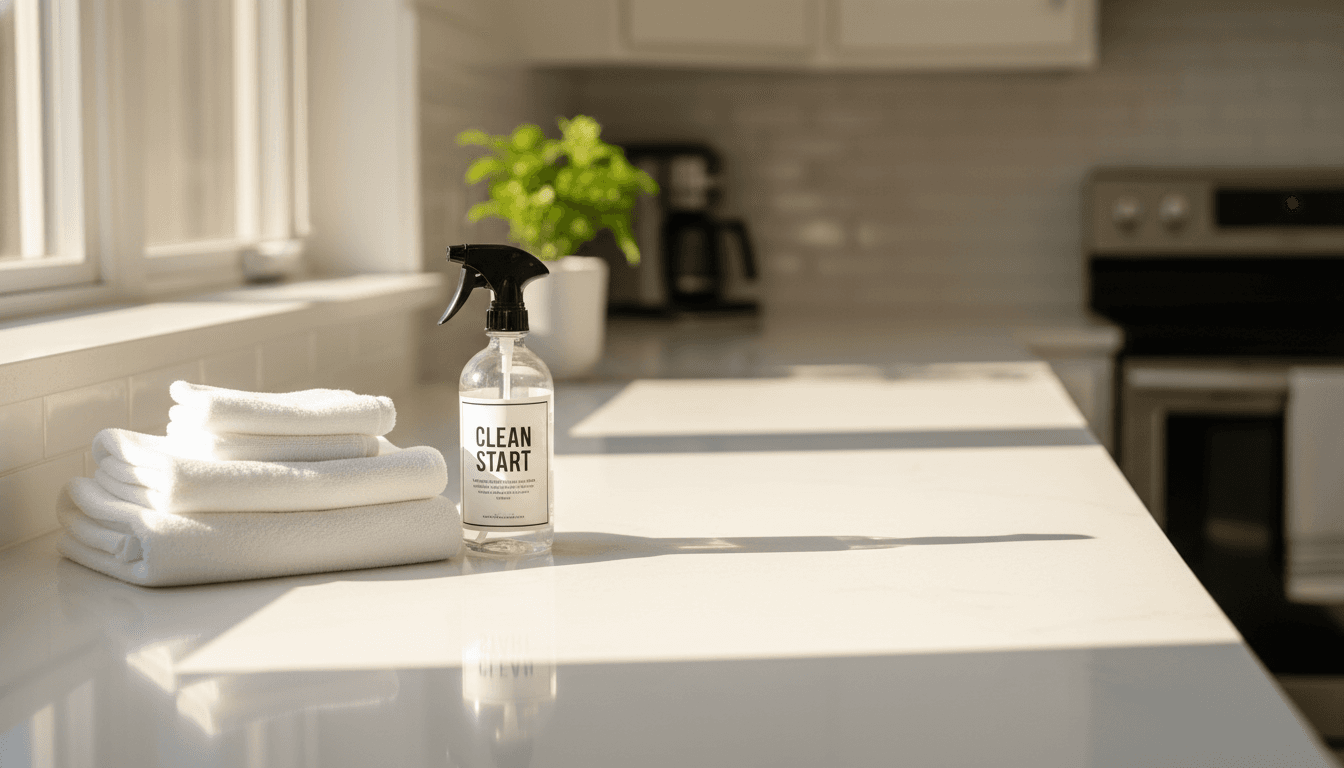 Spotless kitchen countertop with folded towels and cleaning supplies in warm natural light