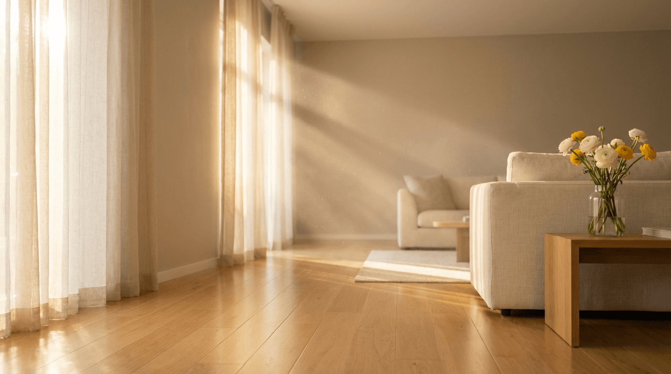 Bright, spotless living room with sunlight streaming through windows