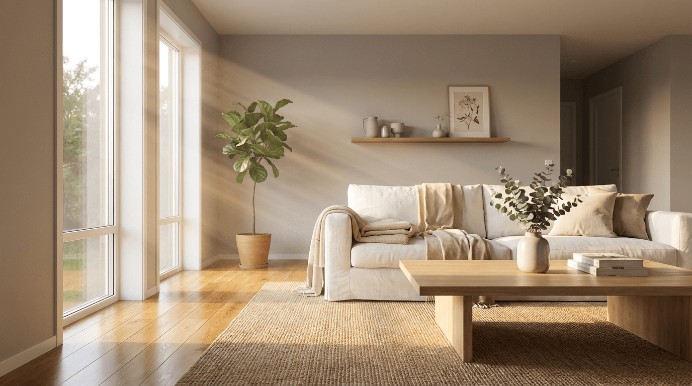 Bright modern living room with spotless surfaces after professional cleaning
