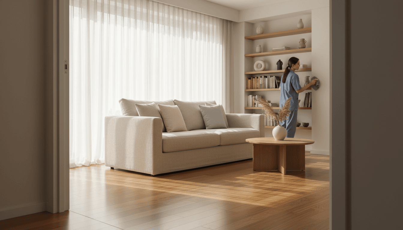 Bright airy living room with sunlight and spotless surfaces